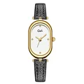 French vintage oval gold watch for women with white dial and black leather strap - Classic Black Gold