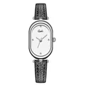 Gedi vintage oval watch for women featuring silver steel case and black leather strap - Minimalist Black Silver