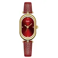 French vintage oval watch with red sunray dial and gold metal case on red leather strap - Bright Red