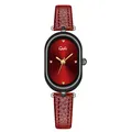 French vintage oval quartz watch with deep red sunburst dial and leather strap - Retro Wine Red
