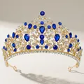 Barocke Brautkrone mit tiefblauen tropfenförmigen Strasssteinen auf Goldlegierung - Gold+Blauer Zirkonia
