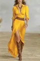 Elegante vestido largo amarillo con cuello en V, cinturón y abertura frontal en seda - Trigo