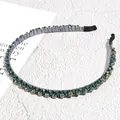 Deep green beaded headband featuring faceted crystals and blue woven silver thread fabric - Dark Green with Mixed Crystals