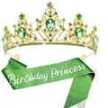 Golden birthday princess tiara with green rhinestones and matching glitter sash - Set Combination / Green Combination (Crown and Green Sash)