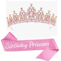 Pink gemstone birthday crown and glitter sash with Birthday Princess text set - Style 2 Combination / Pink Combination (Crown and Pink Sash)