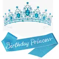 Silver birthday crown with blue rhinestones and Birthday Princess glitter sash set - Style 2 Combination / Cyan Combination (Crown and Blue Sash)