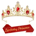 Golden birthday princess crown with red gems and a matching red sash for parties - Set Combination / Red White Combination (Crown and Red Sash)