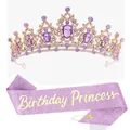 Purple birthday princess set with rose gold rhinestone crown and glitter sash - Style 2 Combination / Lavender Combination (Crown and Purple Sash)
