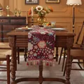Camino de mesa vintage jacquard rojo oscuro con motivos florales y flecos de borlas - 33x120cm / Floral rojo oscuro con borla roja