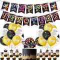 2027 Happy New Year party decoration set with banners balloons and cake toppers - Black Gold White Festive Set