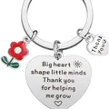 Silver stainless steel heart keychain with flower charm and teacher appreciation text - Red Flower