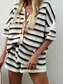 Women's 2-piece knit set with black and grey striped polo shirt and matching shorts - S / Black Grey and White Striped