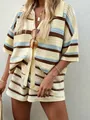 Women's 2-piece knit set with striped short sleeve polo shirt and matching shorts - S / Yellow Blue and Brown Striped