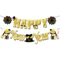 Striscione dorato Happy New Year 2027 con decorazioni per feste nere e oro su bianco - 18cm x 20cm / Oro