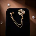 Golden dragon brooch with double chains and sparkling rhinestones for suits - Dragon Head / Gold