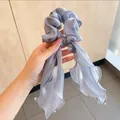Light blue pearlescent organza bow scrunchie with long wavy ribbons in Korean style - Mesh Ribbon Hair Tie / Blue