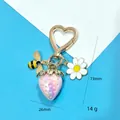 Pink strawberry heart keychain with golden bee and white daisy charms for bags - Solid Pink Bee