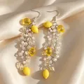 2605171a Lemon Crystal Pearl Tassel Ear Hook Earrings