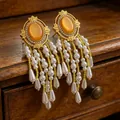 2605172a Orange Crystal Pearl Tassel Earrings