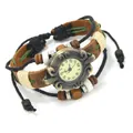 Vintage Leder Punk-Uhr mit Bronzegehäuse und böhmischem handgewebtem Armband - Engraved Case Woven Style (W01322) / Retro-Braun