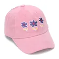 Close-up of pink cotton baseball cap featuring purple flower embroidery on the crown - 52-54cm (Suggested for 2-6 Years) / Pink