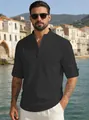 Détail de chemise Henley noire en lin avec col mao et patte de boutonnage à quatre boutons - S / Noir