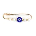 Golden safety pin brooch featuring a blue evil eye glass bead and faceted white beads - Bohemian Evil Eye Safety Pin (EY5355GD01)