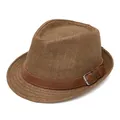 Men's summer dark brown straw jazz fedora hat with brown leather band and metal buckle - 58cm / Coffee