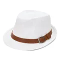 Men's white straw jazz hat with breathable weave and brown leather decorative band - 58cm / White