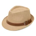 Beige straw fedora hat for men with brown leather band and silver buckle detail - 58cm / Khaki