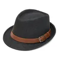 Classic black men's straw jazz hat with brown leather band and silver metal buckle - 58cm / Black