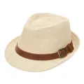 Men's cream straw fedora hat with brown leather band and metal buckle for sun protection - Beige