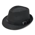 Classic black men's straw jazz hat with breathable weave and buckled leather band - Black with Black Belt