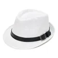 White straw fedora hat for men with black leather band and silver buckle detail - White with Black Belt