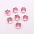 Pink translucent resin peach charms with green leaves and silver metal rings for DIY - Transparent Pink