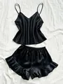 Silky black ice silk pajama set with camisole and ruffled shorts for women - 3XL / Black