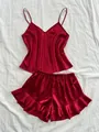Women's 2-piece dark red ice silk pajama set with V-neck camisole and ruffled shorts - 3XL / Red