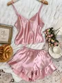 Pink silk satin two-piece pajama set with V-neck camisole and ruffled shorts - 3XL / Pink