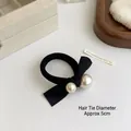 Elastic black hair tie with fabric bow and white imitation pearls, 5cm diameter - Graduated Double Pearl Style