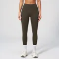 Dark olive green high-waisted yoga leggings with white side stripes and matte finish - Deep Brown