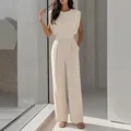 Elegant apricot one-shoulder wide-leg jumpsuit with high waist for women in spring - 3XL / Round Neck Shoulder Pad Style (30722) / Apricot