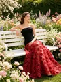 Elegant strapless contrast dress with red mesh polka dot skirt and slim black bodice - Red