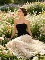 Elegant strapless black slim top combined with white polka dot mesh long dress gown - S / Apricot Black
