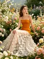 Elegant strapless dress with orange bodice and white floral polka dot tulle skirt - S / Orange