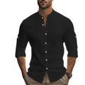 Chemise Henley homme noire en coton lin à manches longues avec col mao et boutons contrastés - S / Noir