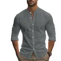Chemise en coton et lin gris pour homme à col mao, coupe ajustée et manches retroussables - S / Gris Fer