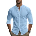 Chemise homme ajustée en coton et lin bleu ciel à manches longues et col henley - S / Bleu clair