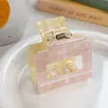 Vierkante haarklem van acryl met roze en gele marmertextuur en metalen veer - Roze en Geel Ruitje