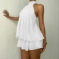 Elegant white halter neck chiffon dress with tiered ruffles for beach vacations - XS / White