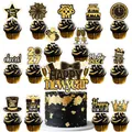 Set di topper per cupcake di Capodanno nero e oro con stelle e motivi a corona - Set di Cake Topper